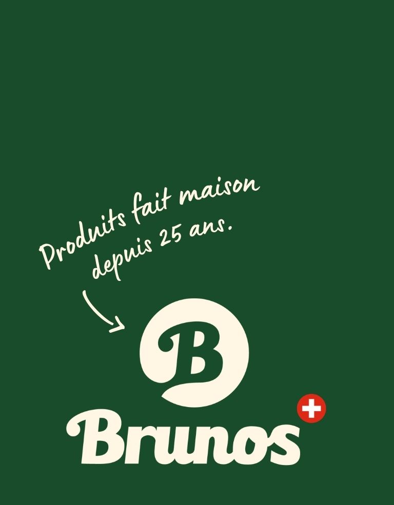 Grüner Header mit Brunos Logo und handschriftlichem französischem Text: «Produits fait maison depuis 25 ans.» Ein Pfeil zeigt auf das Logo.