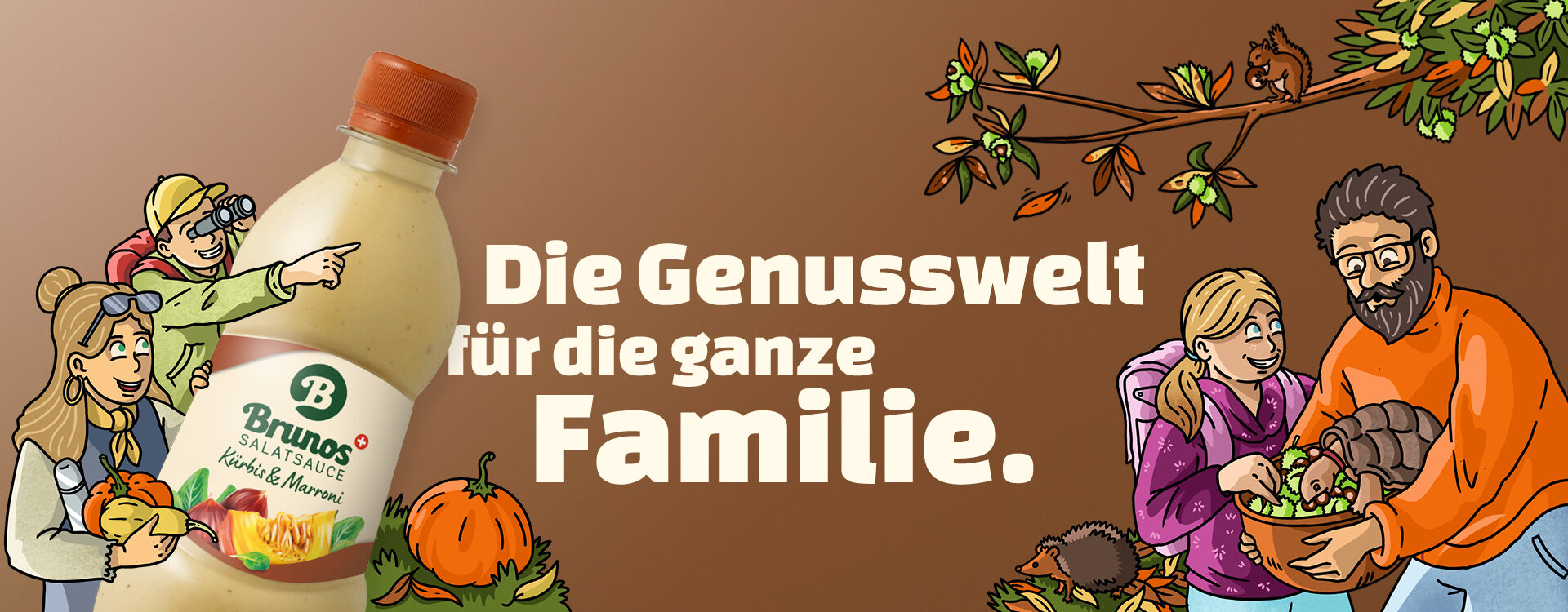 Familie Sössli in herbstlicher Kleidung sind auf Brunos Familienwelt illustrativ dargestellt. Dazu ist Brunos Salatsauce Kürbis & Marroni abgebildet.