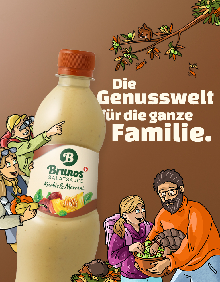Familie Sössli in herbstlicher Kleidung sind auf Brunos Familienwelt illustrativ dargestellt. Dazu ist Brunos Salatsauce Kürbis & Marroni abgebildet.